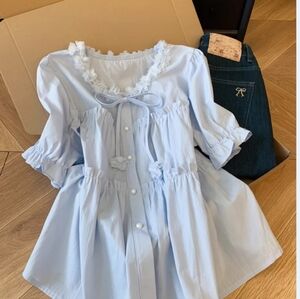 Light Blue 3D Flower Ruffle Blouse